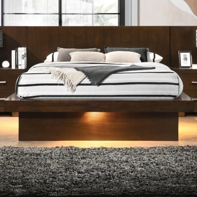 CONTEMPORARY CAPPUCCINO QUEEN PLATFORM BED W/ LIGHTS 2 NIGHTSTANDS FURNITURE - Image 1 of 4