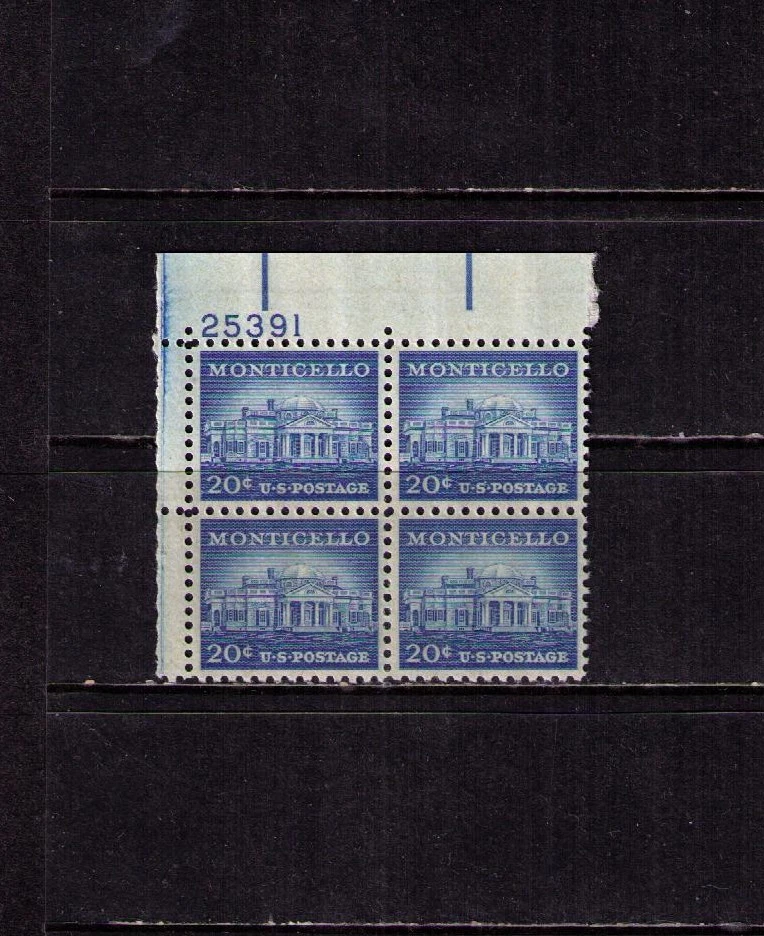 US USA Sc# 1047 MNH FVF PLATE # BLOCK Monticello Plantation Virginia T Jefferson - Image 1 of 1