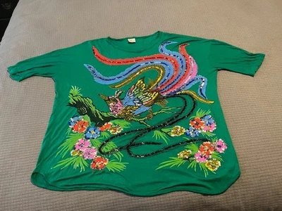 Новый без ценников Bali Moon ручной работы женщин зеленый футболка верхний блестки тропическая птица Sz большой - Изображение 1 из 4