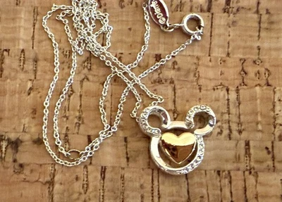 Disney Mickey Mouse Pendant Necklace Silver Plated Two Tone CZ Head Icon - Image 1 of 4