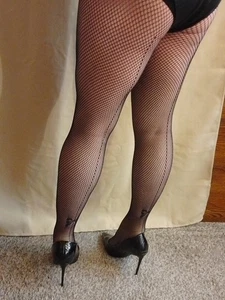 BLACK FISHNET TIGHTS BACKSEAMED BOWS VINTAGE STYLE EXTRA LARGE SIZE NET WAIST XL - Picture 1 of 11
