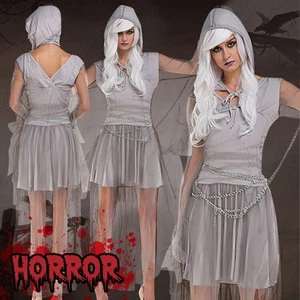 Zombie Bride Costume Gray Dress with Hood and Chains Halloween Ghost Outfit - Picture 1 of 3