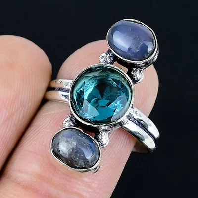 Bonito Anillo de Cuarzo de Iolita, Piedras Preciosas de Labradorita Plata de Ley 925 Talla 8 Y332 Foto 1 de 2