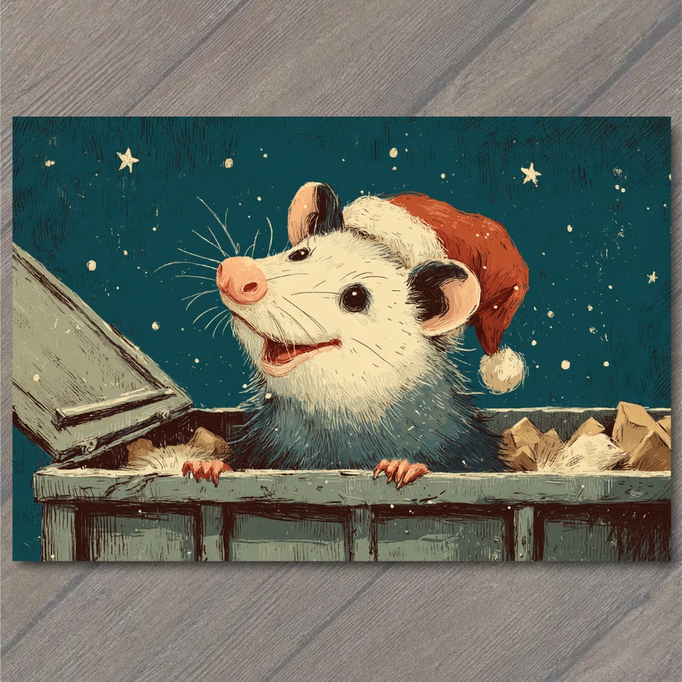 POSTCARD Christmas Possum Santa Hat Funny Holiday Trash Can Humor Card - Image 1 of 1