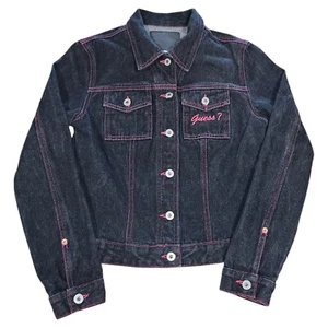 Vintage 90s Guess Womens Denim Jean Jacket Size L Embroidered Pink Made in USA - Picture 1 of 15