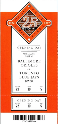 TICKET Orioles Opening Day (4/3/2017) 25th Anniversary Camden Yards Section 22 Cover