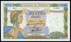 FRANCIA 500 FRANCOS PAX 1942 BILLETE DE GRAN TAMAÑO AU/UNC. SIN AGUJEROS HERMOSO BILLETE - Imagen 1 de 2