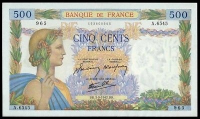 FRANCE 500 FRANCS PAX 1942 LARGE SIZE NOTE AU/UNC.NO PIN HOLES BEAUTIFUL NOTE - Image 1 of 2