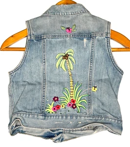 Chaleco Denim GAP Vintage Niñas M 8 Tropical Bordado Palmera - Imagen 1 de 6