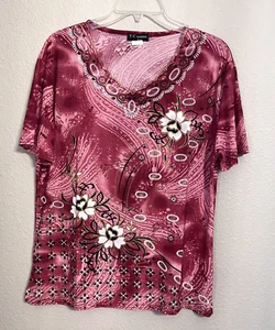 T-C Fashion Top Women's L Floral Short Sleeve Paisley Glitter Accents Blouse - Picture 1 of 24