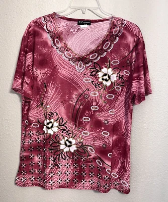 Blusa T-C Moda Top Para Mujer L Floral Manga Corta Paisley Brillo Acentos Foto 1 de 4