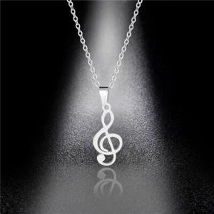 Fashion Stainless Steel Musical Note Pendant Necklace Women Men Charm Jewelry - Picture 1 of 5