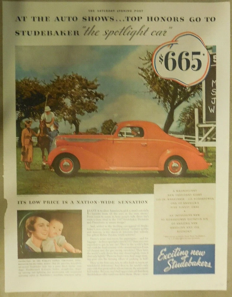 Studebaker Car Ad: The Spotlighted Car from 1937 Model ! Size: 11 x 15 Inches  - Image 1 of 1