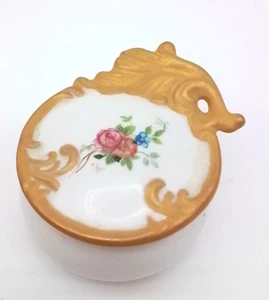 Handpainted Porcelain Floral Gold Gilt Leaf Lid Footed Vanity Dish - Picture 1 of 4
