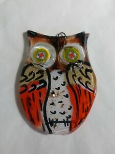Art Glass Owl Pendent Fused Glass Jan Cardell 2.5" Brown & Orange Millifori Eyes