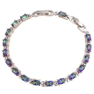 18K W GOLD EP 5 CT MYSTIC TOPAZ RAINBOW LINK BRACELET - Picture 1 of 1