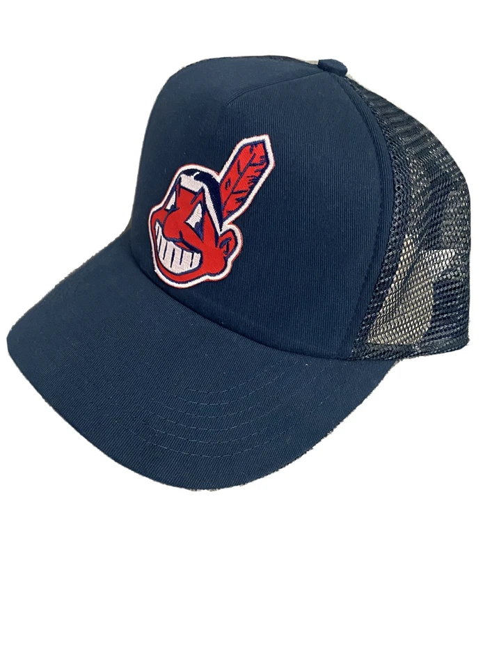 ⚾️ RETRO THROWBACK CLEVELAND INDIANS CHIEF WAHOO BLUE ADULT TRUCKER HAT NEW ⚾️ - Image 1 of 4
