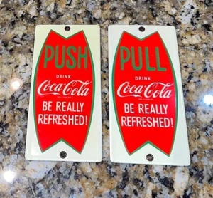 Vintage Coca Cola Sign Porcelain Door Push Pull Fishtail Set Soda Drink Coke WOW - Picture 1 of 19