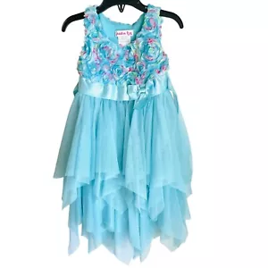 Jessica Ann Girls Aqua Blue Dress Size 3T Floral Bodice w/ Layered Tulle Skirt - Picture 1 of 11
