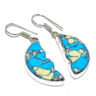 Xmas Mosaic Turquoise Gemstone 925 Sterling Silver Earring 1.7" u280 - Image 1 of 4