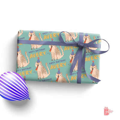 Name Personalized Gift Wrapping Paper Roll with Birthday Cat Kids Gift Wrap 24" - Image 1 of 4