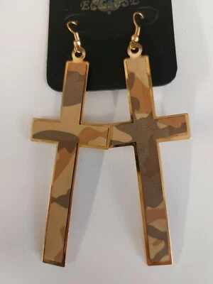 Brincos CROSS🔴 Designer Feminino Cruz Retrô Declaração Camuflado Areia Marrom - Imagem 1 de 4