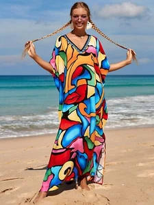 AU STOCK SOFT COTTON OVERSIZE KAFTAN TUNIC KIMONO DRESS BIKINI COVER UP 791-3 - Picture 1 of 4