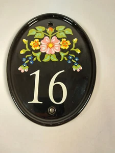 Ceramic House Number Black Oval with Floral Design Number 16 - Picture 1 of 3