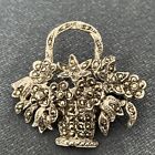 Vintage / Antique Silver Tone Basket Of Flowers Brooch Set With Marcasite