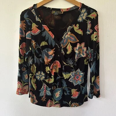 Mirasol Slinky Knit Blouse Womens Medium Black Floral V-neck Long Sleeve - Image 1 of 4