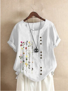 Ladies Floral Loose T-shirt Blouse Womens Summer Cotton Linen Short Sleeve Tops - Picture 1 of 3