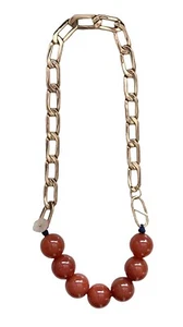 Designer Carnelian Agate Bead Necklace 14K Gold Plate Link Pink Quartz SIGNED - Picture 1 of 12