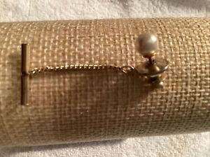 Vintage Tie Tack Pin With Chain Gold Tone White Round Faux Pearl