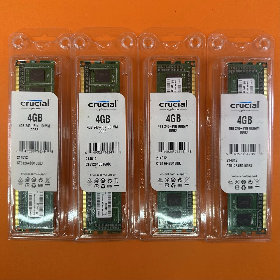 Set Of 4x Crucial 4GB DDR3 UDIMM Desktop RAM Modules. Near New, Never Used - Image 1 of 2