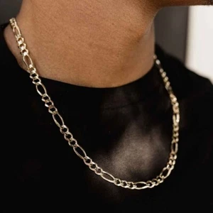 14K Solid Yellow Gold Figaro Necklace Chain 5mm 22" - Polished Link Men Women - Picture 1 of 6