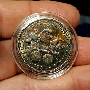 1893 - AMBER TONE 50c COLUMBUS Silver Half Dollar Coin Exposition Commemorative - Picture 1 of 2