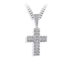 Moissanite Men's Cross Pendant Charm Real 14K White Gold Plated 925 Silver - Picture 1 of 5