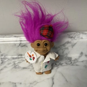 Vintage Troll Puppe Russ Künstler mit Kittel und Palette rosa Haare 5" groß - Bild 1 von 7