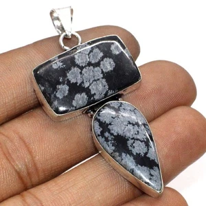 925 Silver Plated Snowflake Obsidian Pendant Handmade Size 2.2" GW - Picture 1 of 3