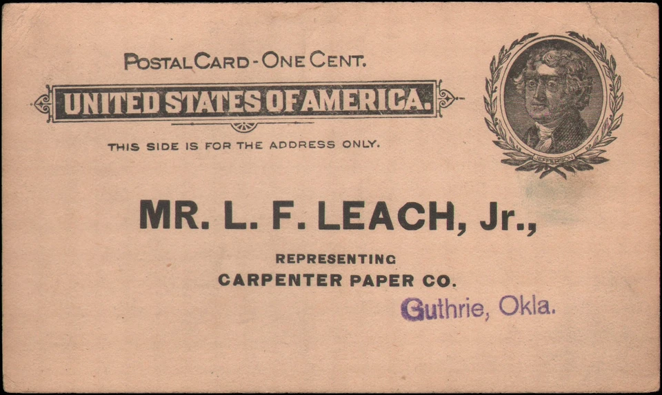 США #UX14 предварительно напечатанная, бумажная реклама компании, территория Гатри Оклахома, 1897 - Изображение 1 из 1