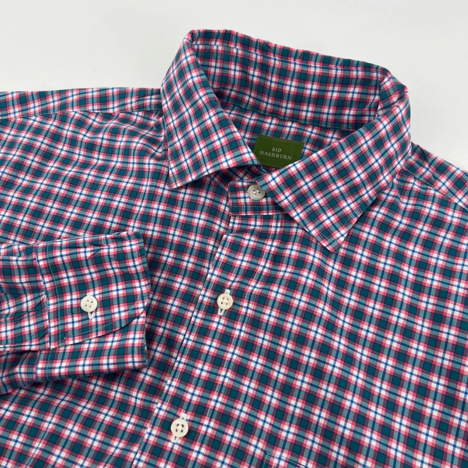 Sid Mashburn 格子纽扣长袖正装衬衫剪裁适合男式 Med — 第 1/4 张图片