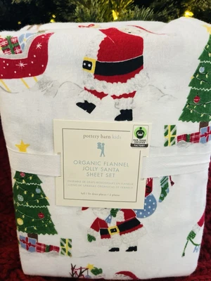 Juego completo de sábanas Pottery Barn Kids Jolly Santa franela de algodón orgánico de Navidad Foto 1 de 4