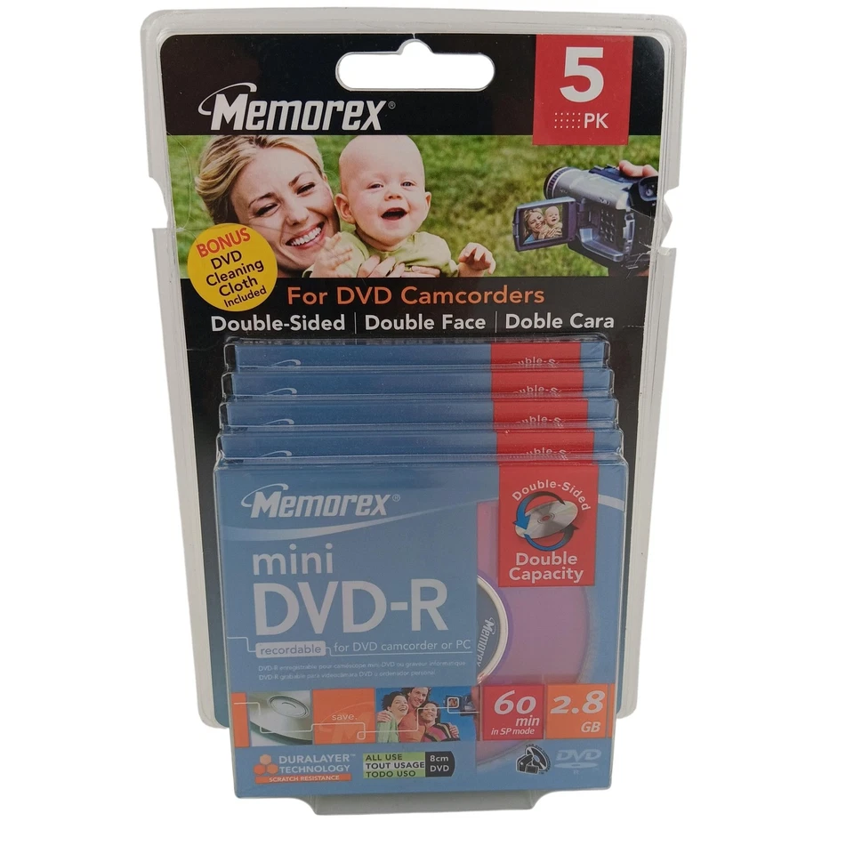 Memorex Mini DVD-R Paquete de 5 Doble Cara 2.8GB 60min 8cm Para Videocámara PC Nuevo Foto 1 de 4