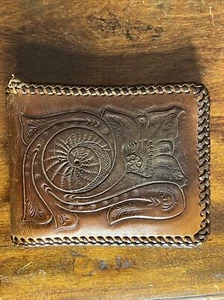 Vintage Hand Tooled Bifold Leather Wallet  Floral Design Brown Laced - READ - Picture 1 of 12