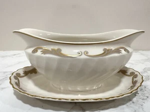 Syracuse Baroque China Gravy Boat Bowl Attached Underplate Gold Gray Scrolls - Picture 1 of 7