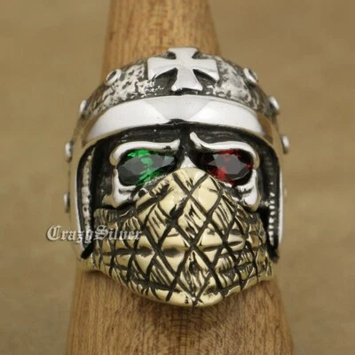 CZ Eyes 925 Sterling Silver Motorcycle Skull Brass Face Ring TA2XA US Size 7~15 - Image 1 of 4