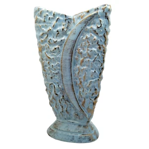 Mid Century Modern Pottery Vase Textured Curved Triangle Blue Gold Crescent Moon - Picture 1 of 12