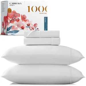 Carressa Linen 100% Egyptian Cotton King White Sheet Set - 1000 Thread Count ... - Picture 1 of 9