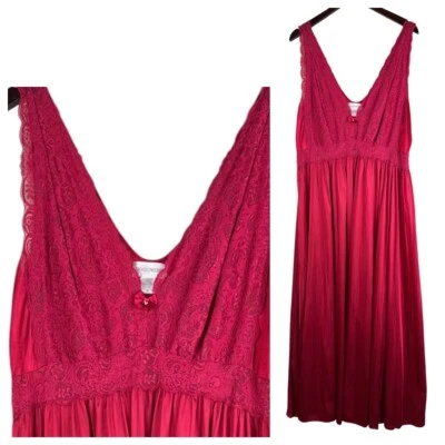Shadowline Sz 3X 22 24 Long Nightgown Red Coral Lace Lingerie Silky Stretch i - Image 1 of 4