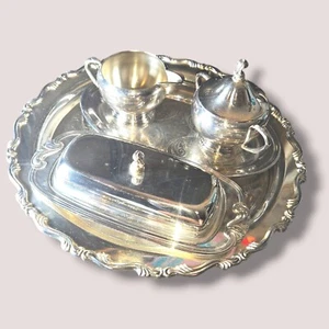 Vintage Silverplate Butter Dish, sugar Bowl, Creamer, Serving Tray Set - Picture 1 of 11